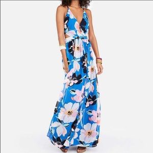 Express blue floral maxi dress criss cross back XS